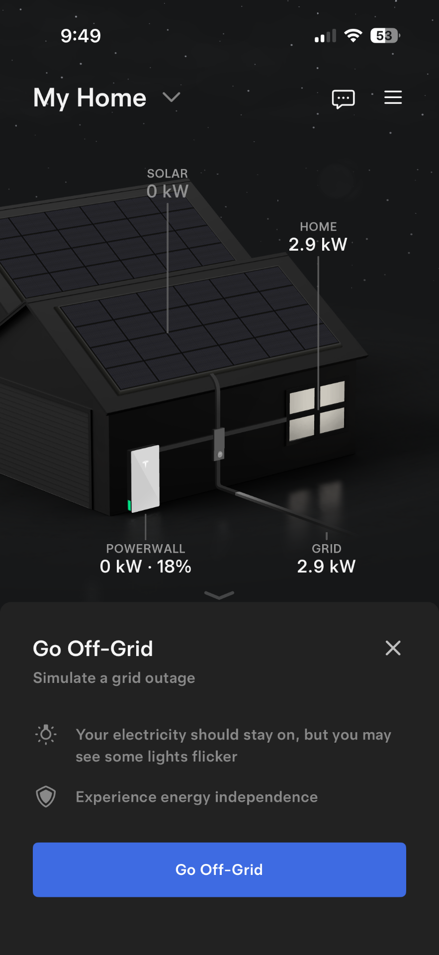 Tesla app live home view showing solar, Powerwall, grid, and the Go Off-Grid button